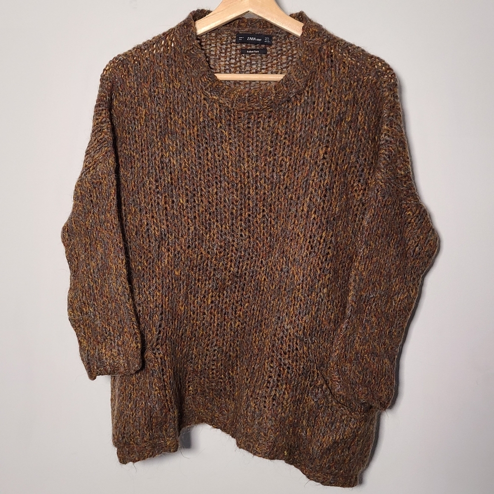 ZARA Angora, Wool sweater, size M, brown multicolor with pockets
